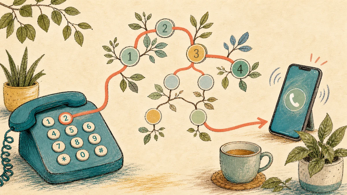 A hand-drawn phone tree routes a call from a keypad to a ringing mobile phone